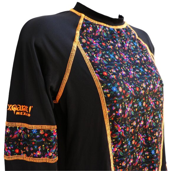 Xcaret Mexico Rashguard  Black Orange Floral Panel Sun Protection Water Park L - Picture 2 of 7
